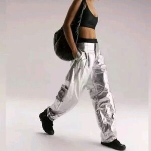 FP Movement Mesmerize Me Shine Pants NWOT Size S Silver